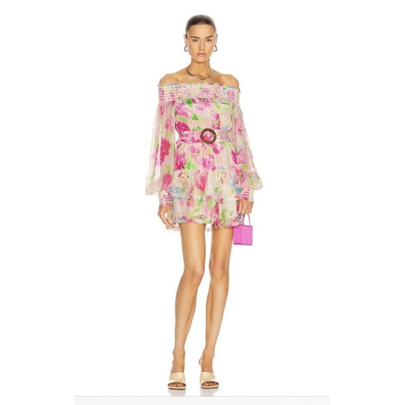 ROCOCO SAND Alora Mini Dress Multi Pink Floral Chiffon Off Shoulder - Picture 3 of 10